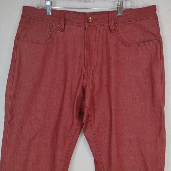 AKOO Mens Red Denim Jeans Straight Leg 36in X 33in Embroidered Pockets - Picture 2 of 14
